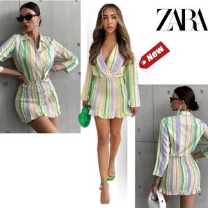 Zara yellow purple green striped textured long sleeve smocked ruffle wrap dress